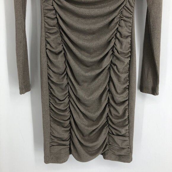 Dynamite Taupe Ruched Shirred  flattering Bodycon long sleeve Mini Dress size M - Picture 7 of 16